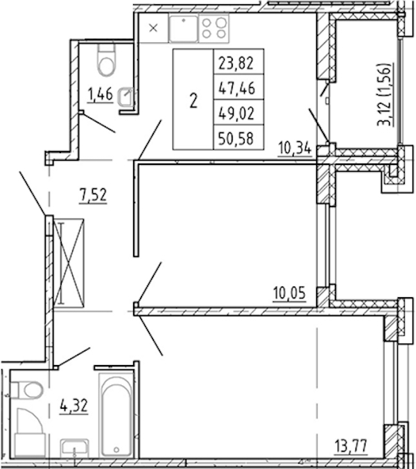 2-комнатная квартира 47.46 м², 12/12 эт., ЖК «Полис Новоселье»